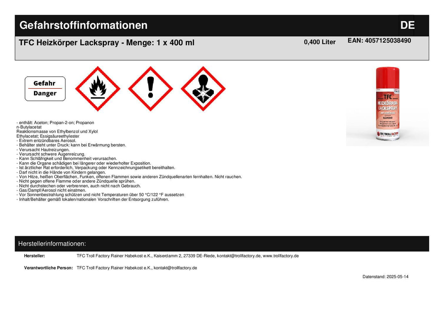 TFC Heizkörper Lackspray - Menge: 1 x 400 ml